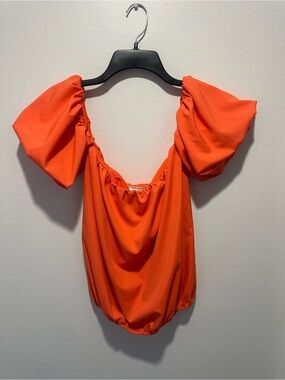 Calin by Flying Tomato Orange Puff Sleeve Bubble Hem Blouse Top Size Small
